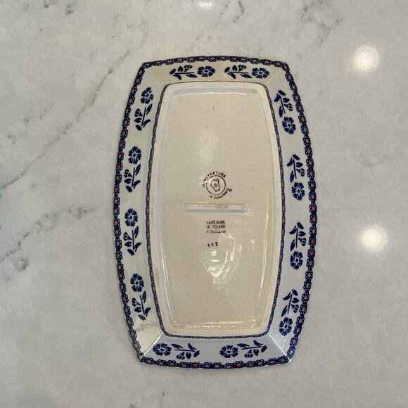 Manufaktura Boleslawcu Chip Dip Polish Pottery Divided Dish Floral Blue Red - Picture 5 of 8